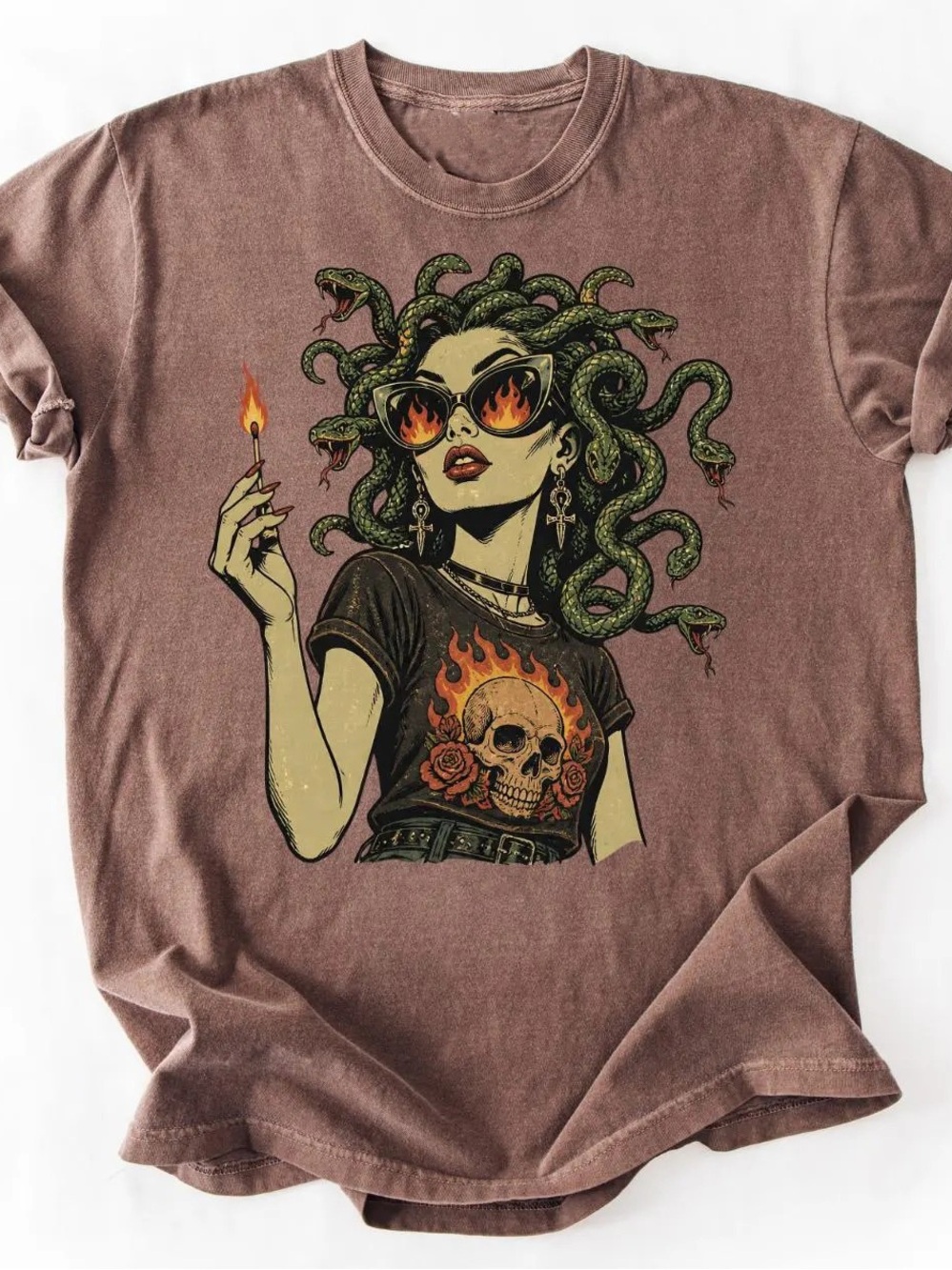 Medusa Match Flame Shirt, Mythology Graphic Tee - Dark Chocolate Unisex